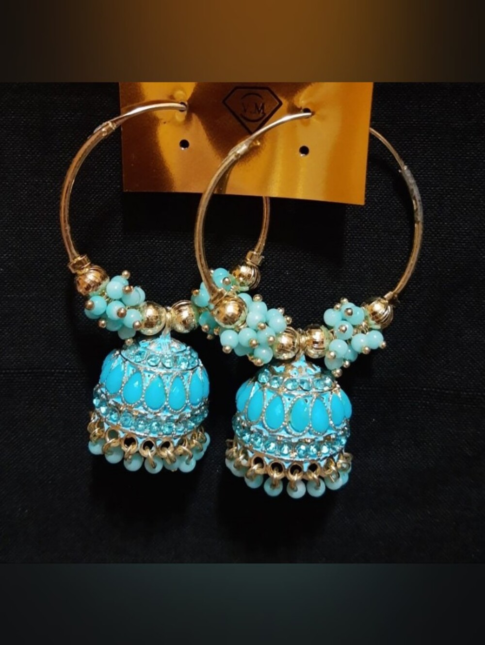Gold Hoop Earrings with Turquoise Jhumka Drops